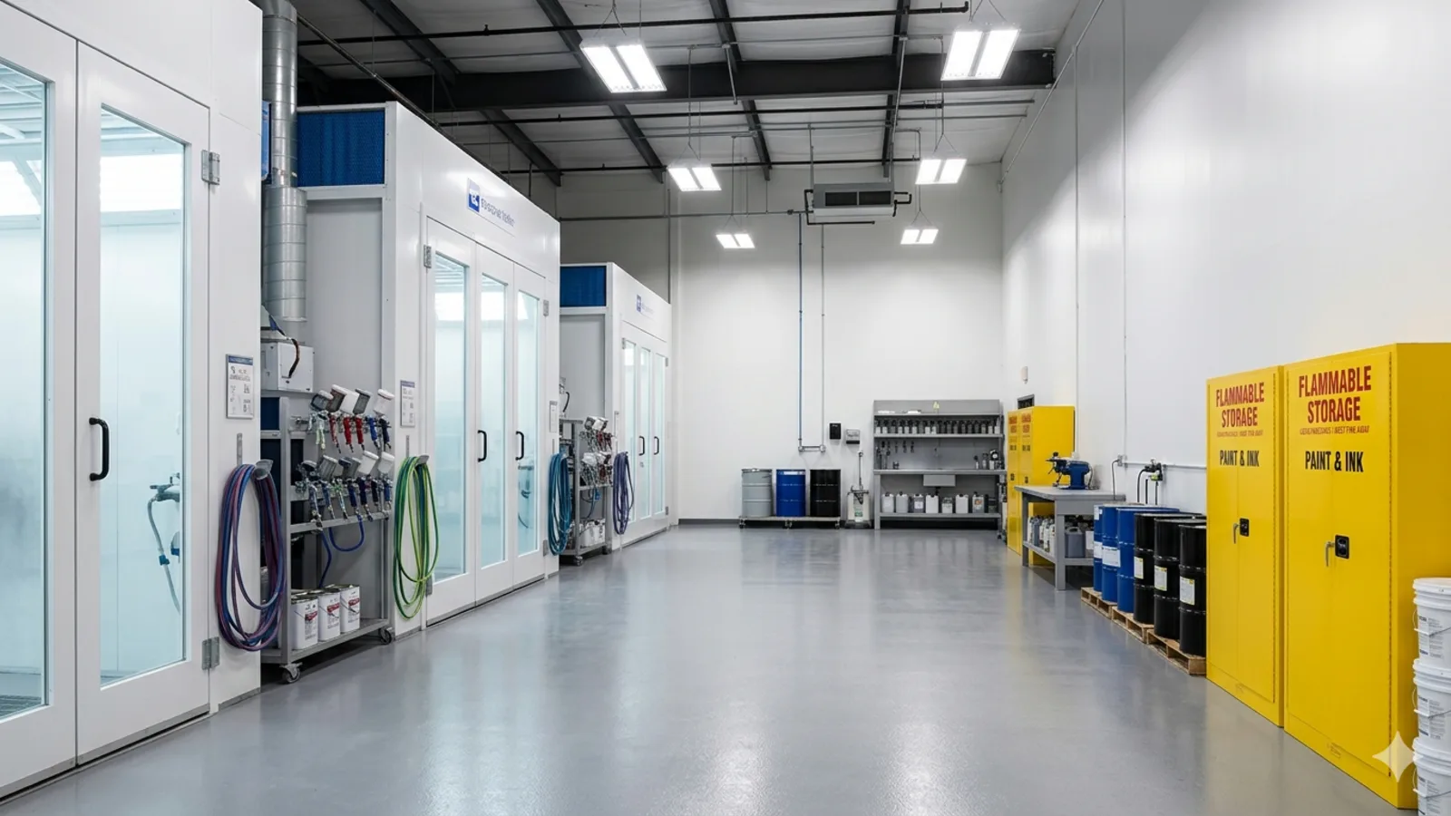 Atelier de peinture industrielle avec postes d'application et armoires de stockage solvants