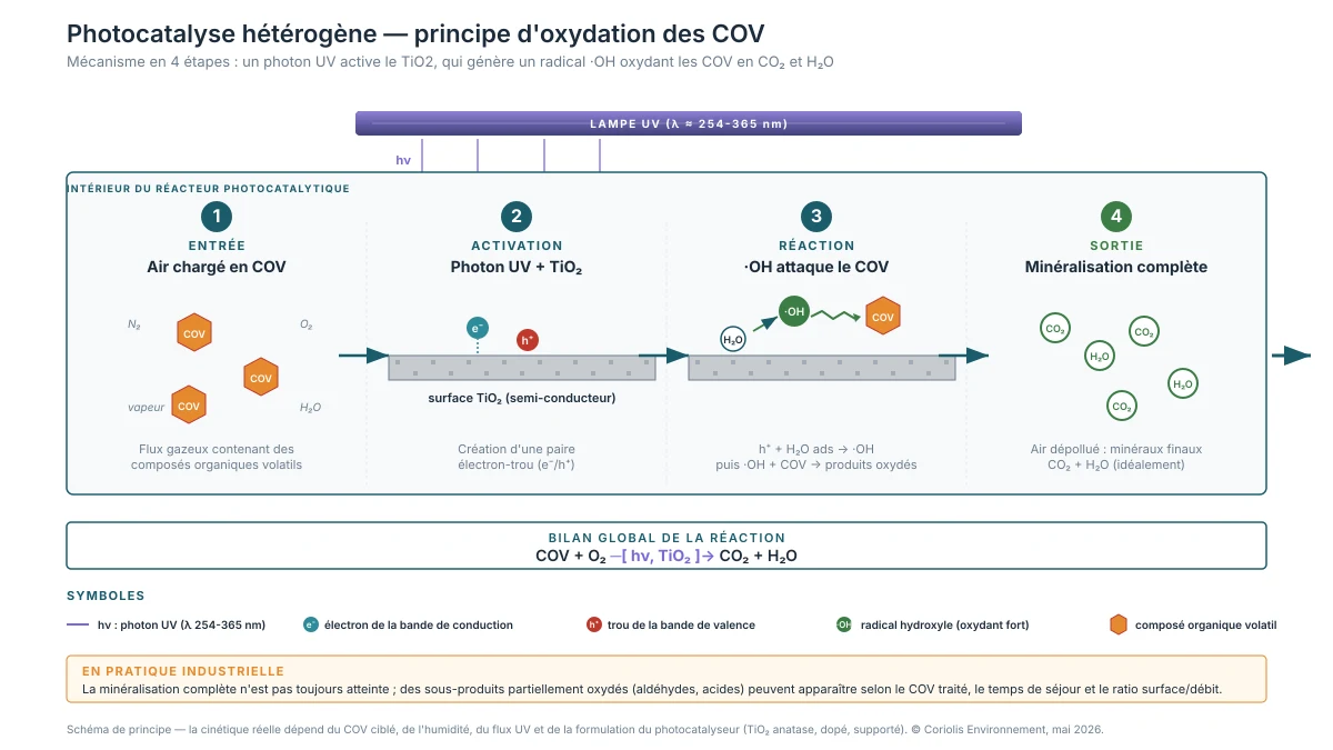 Schéma de principe de la photocatalyse hétérogène TiO2 sous UV : génération de radicaux hydroxyles et oxydation des COV